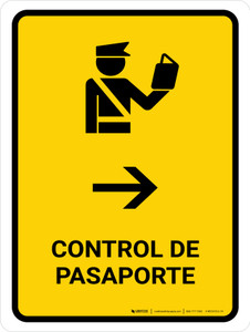 Passport Control With Right Arrow Yellow Spanish Portrait - Wall Sign