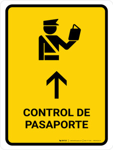 Passport Control With Up Arrow Yellow Spanish Portrait - Wall Sign