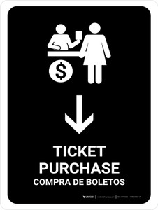 Ticket Purchase With Down Arrow Black Bilingual Spanish Portrait - Wall Sign