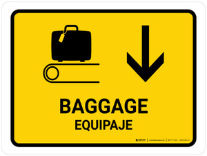 Baggage With Down Arrow Yellow Bilingual Spanish Landscape - Wall Sign