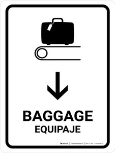 Baggage With Down Arrow White Bilingual Spanish Portrait - Wall Sign