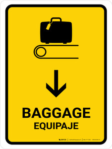 Baggage With Down Arrow Yellow Bilingual Portrait - Wall Sign