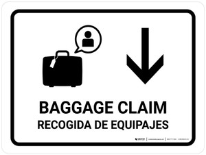Baggage Claim With Down Arrow White Bilingual Spanish Landscape - Wall Sign