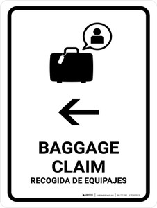 Baggage Claim With Left Arrow White Bilingual Spanish Portrait - Wall Sign