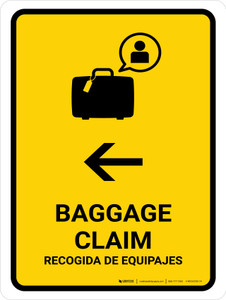 Baggage Claim With Left Arrow Yellow Bilingual Spanish Portrait - Wall Sign