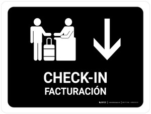 Check In With Down Arrow Black Bilingual Spanish Landscape - Wall Sign