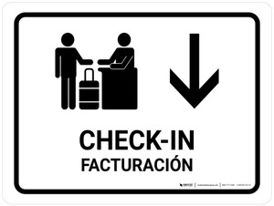 Check In With Down Arrow White Bilingual Spanish Landscape - Wall Sign