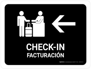 Check In With Left Arrow Black Bilingual Spanish Landscape - Wall Sign