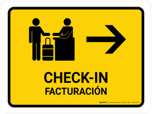 Check In With Right Arrow Yellow Bilingual Spanish Landscape - Wall Sign