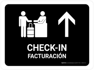 Check In With Up Arrow Black Bilingual Spanish Landscape - Wall Sign