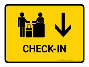 Check In With Down Arrow Yellow Landscape - Wall Sign