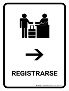 Check-In With Right Arrow White Spanish Portrait - Wall Sign