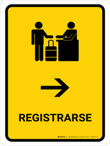 Check-In With Right Arrow Yellow Spanish Portrait - Wall Sign