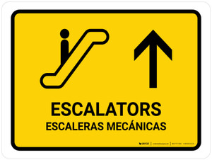 Escalators With Up Arrow Yellow Bilingual Spanish Landscape - Wall Sign