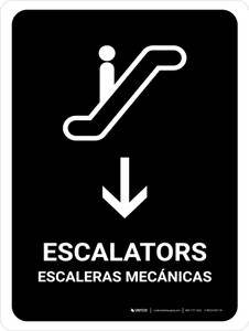 Escalators With Down Arrow Black Bilingual Spanish Portrait - Wall Sign