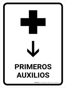 First Aid With Down Arrow White Spanish Portrait - Wall Sign