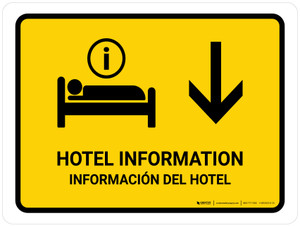 Hotel Information With Down Arrow Yellow Bilingual Spanish Landscape - Wall Sign