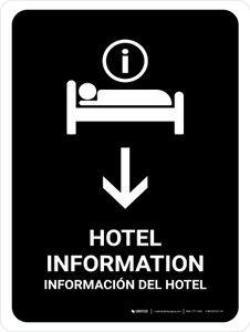 Hotel Information With Down Arrow Black Bilingual Spanish Portrait - Wall Sign