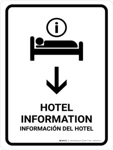 Hotel Information With Down Arrow White Bilingual Spanish Portrait - Wall Sign