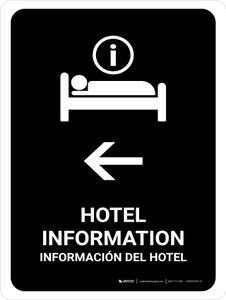 Hotel Information With Left Arrow Black Bilingual Spanish Portrait - Wall Sign