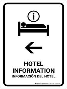 Hotel Information With Left Arrow White Bilingual Spanish Portrait - Wall Sign