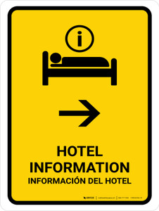 Hotel Information With Right Arrow Yellow Bilingual Spanish Portrait - Wall Sign