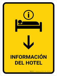 Hotel Information With Down Arrow Yellow Spanish Portrait - Wall Sign