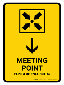 Meeting Point With Down Arrow Yellow Bilingual Spanish Portrait - Wall Sign