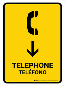 Telephone With Down Arrow Yellow Bilingual Portrait - Wall Sign