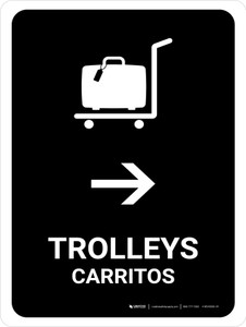Trolleys With Right Arrow Black Bilingual Spanish Portrait - Wall Sign
