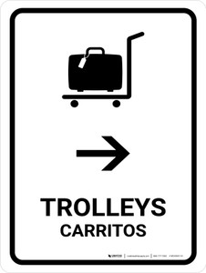Trolleys With Right Arrow White Bilingual Spanish Portrait - Wall Sign