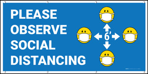 Please Observe Social Distancing with Facemask Emojis Blue - Banner