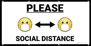 Please Social Distance with Facemask Emojis White - Banner