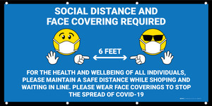 Social Distance and Face Covering Required While Shopping with Emojis Blue - Banner