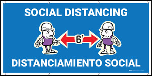 Social Distancing Bilingual Spanish Blue with Cartoon Emoji - Banner