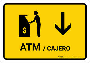 ATM With Down Arrow Yellow Bilingual Spanish Landscape - Wall Sign