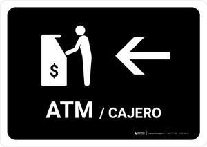 ATM With Left Arrow Black Bilingual Spanish Landscape - Wall Sign