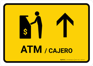 ATM With Up Arrow Yellow Bilingual Spanish Landscape - Wall Sign