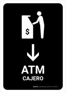 ATM With Down Arrow Black Bilingual Spanish Portrait - Wall Sign