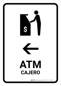 ATM With Left Arrow White Bilingual Portrait - Wall Sign