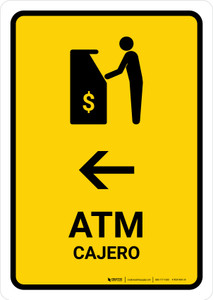 ATM With Left Arrow Yellow Bilingual Spanish Portrait - Wall Sign