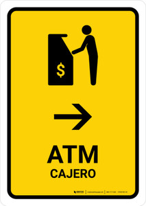 ATM With Right Arrow Yellow Bilingual Spanish Portrait - Wall Sign