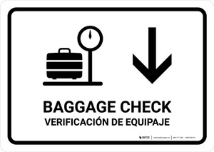 Baggage Check With Down Arrow White Bilingual Spanish Landscape - Wall Sign