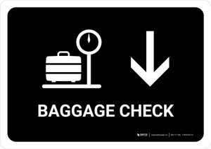 Baggage Check With Down Arrow Black Landscape - Wall Sign