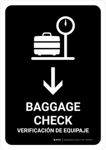 Baggage Check With Down Arrow Black Bilingual Spanish Portrait - Wall Sign