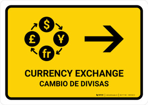 Currency Exchange With Right Arrow Yellow Bilingual Spanish Landscape - Wall Sign