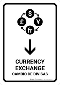 Currency Exchange With Down Arrow White Bilingual Portrait - Wall Sign