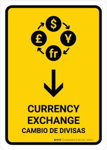 Currency Exchange With Down Arrow Yellow Bilingual Portrait - Wall Sign