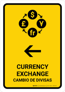 Currency Exchange With Left Arrow Yellow Bilingual Spanish Portrait - Wall Sign