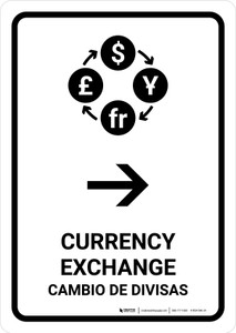 Currency Exchange With Right Arrow White Bilingual Spanish Portrait - Wall Sign